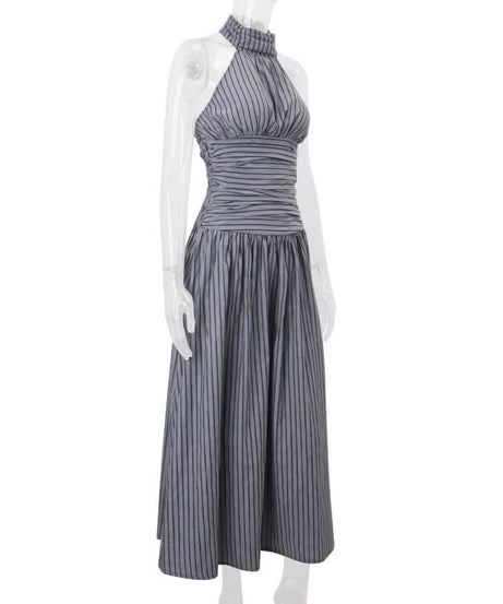 Sophisticated Striped Halter Maxi Dress for Effortless Fall Elegance & Resort Chic