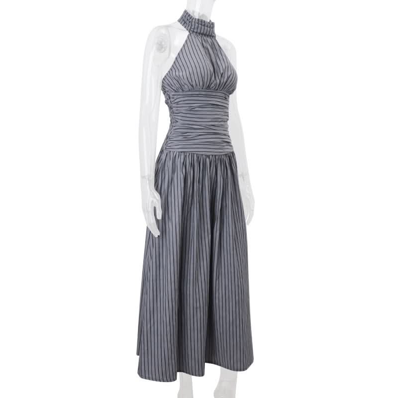 Sophisticated Striped Halter Maxi Dress for Effortless Fall Elegance & Resort Chic