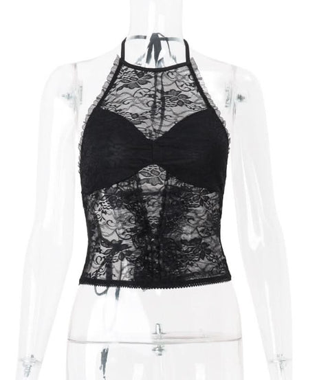 Sultry Black Lace Halter Top | Elegant Ruffle Trim & Tie-Back | Perfect for Fall Nights & Holiday Glam