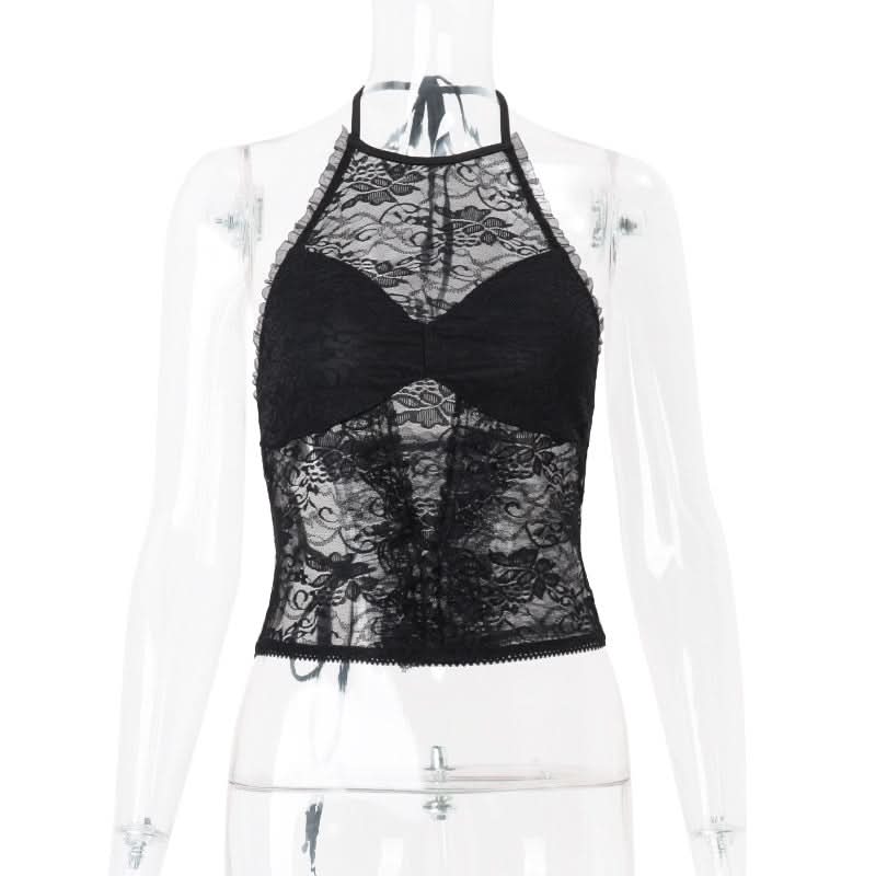 Sultry Black Lace Halter Top | Elegant Ruffle Trim & Tie-Back | Perfect for Fall Nights & Holiday Glam