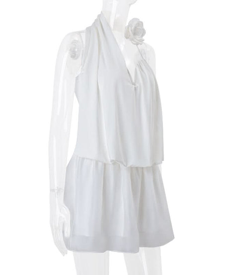 Effortless Chic: White Halter Mini Dress with Floral Charm | Your Resort & Tropical Getaway Essential