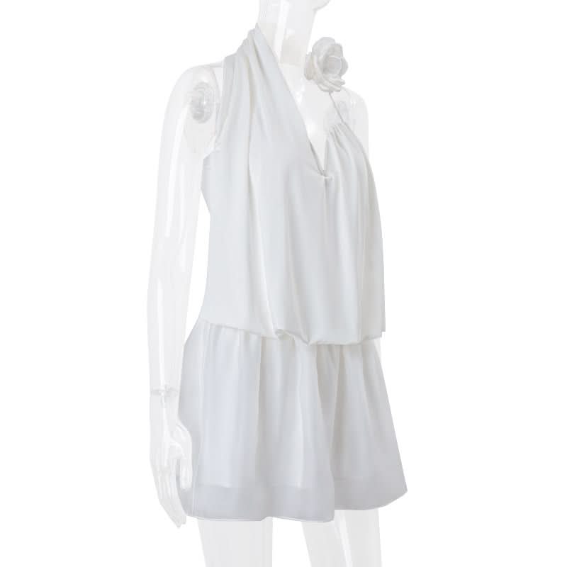 Effortless Chic: White Halter Mini Dress with Floral Charm | Your Resort & Tropical Getaway Essential