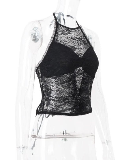 Sultry Black Lace Halter Top | Elegant Ruffle Trim & Tie-Back | Perfect for Fall Nights & Holiday Glam
