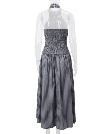 Sophisticated Striped Halter Maxi Dress for Effortless Fall Elegance & Resort Chic