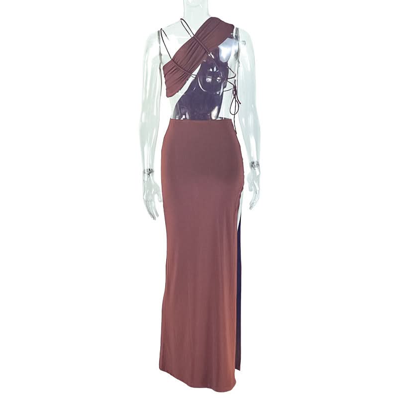 Fall Glamour: One-Shoulder Ruched Cut-Out Maxi Dress – Dazzling Bodycon for Autumn Evenings