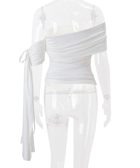 Chic One-Shoulder Ruched Top with Statement Tie - Your Go-To for Fall & Holiday Parties