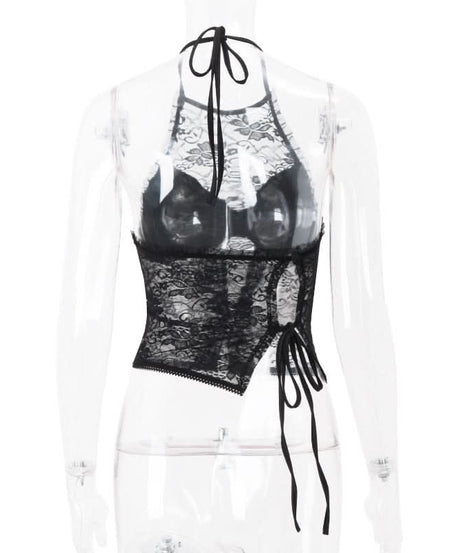 Sultry Black Lace Halter Top | Elegant Ruffle Trim & Tie-Back | Perfect for Fall Nights & Holiday Glam