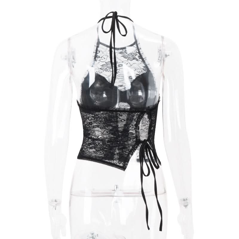 Sultry Black Lace Halter Top | Elegant Ruffle Trim & Tie-Back | Perfect for Fall Nights & Holiday Glam