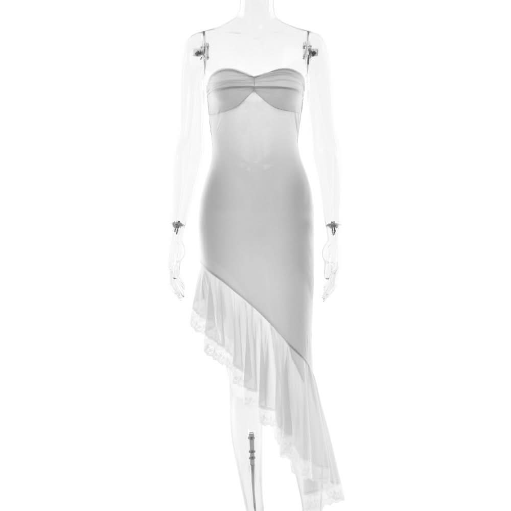 Romantic Whisper: Strapless Asymmetrical Ruffle Midi Dress - Holiday & Party Perfection