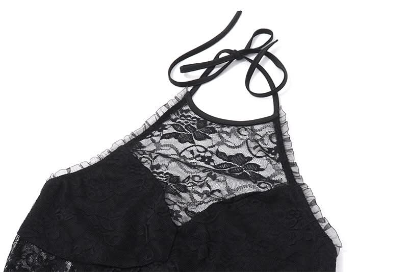 Sultry Black Lace Halter Top | Elegant Ruffle Trim & Tie-Back | Perfect for Fall Nights & Holiday Glam