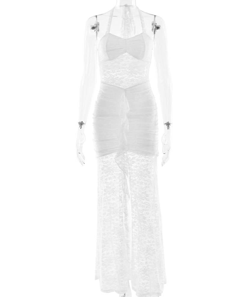 White Lace Halter Maxi Dress: Sheer Ruched Resort & Vacation Glamour