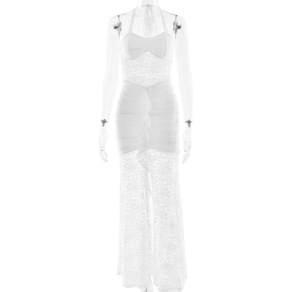 White Lace Halter Maxi Dress: Sheer Ruched Resort & Vacation Glamour