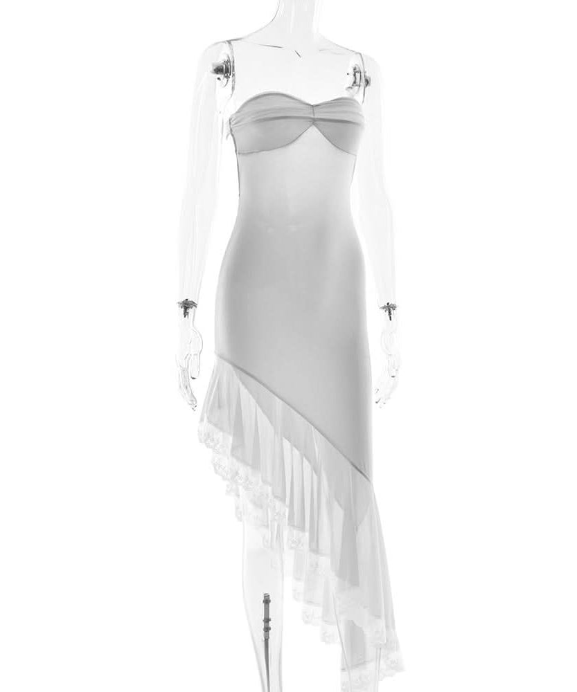 Romantic Whisper: Strapless Asymmetrical Ruffle Midi Dress - Holiday & Party Perfection