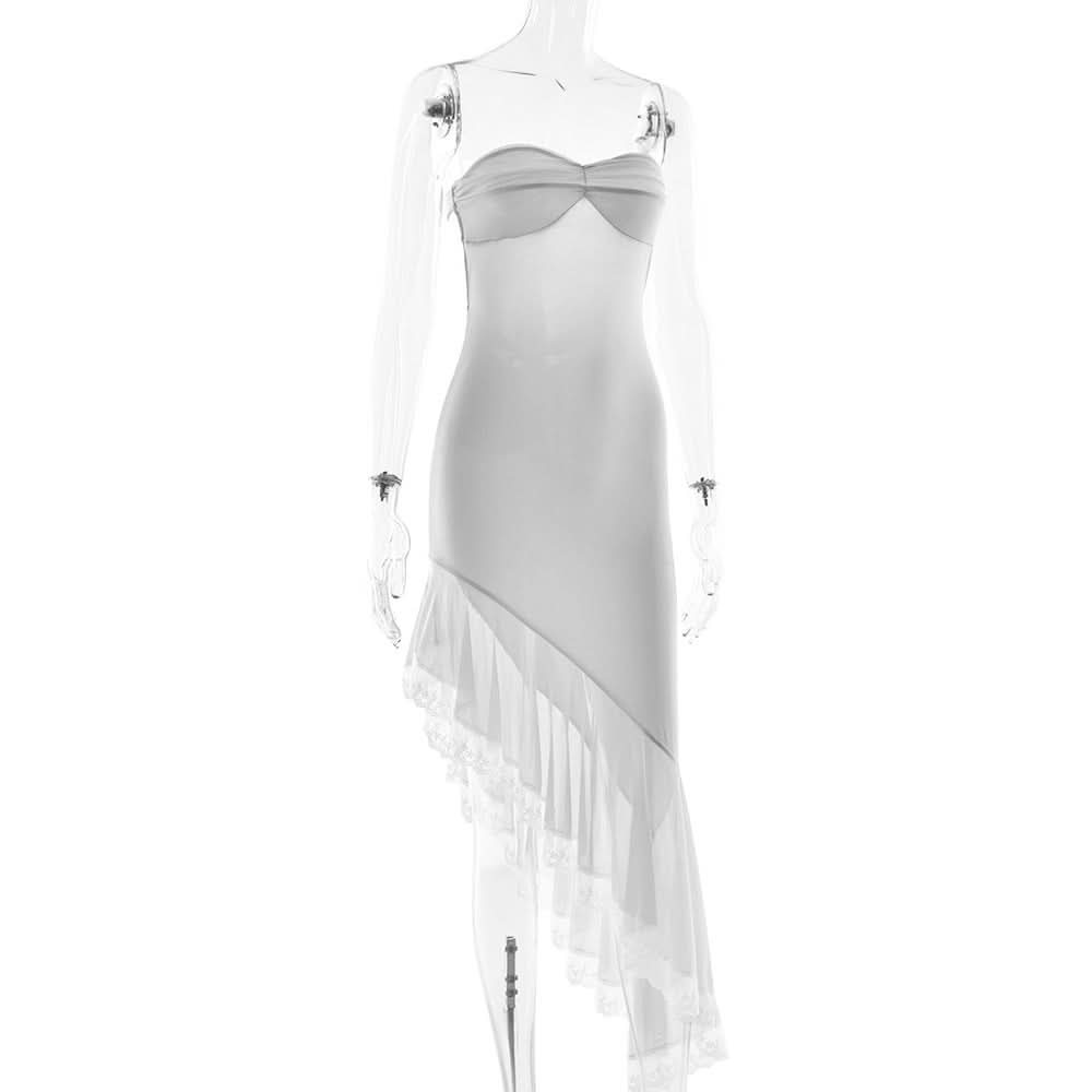 Romantic Whisper: Strapless Asymmetrical Ruffle Midi Dress - Holiday & Party Perfection