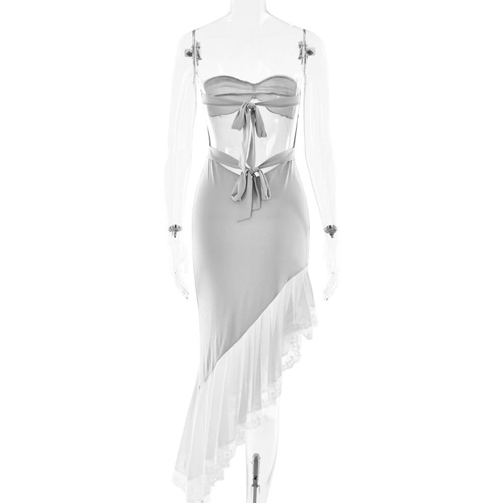 Romantic Whisper: Strapless Asymmetrical Ruffle Midi Dress - Holiday & Party Perfection