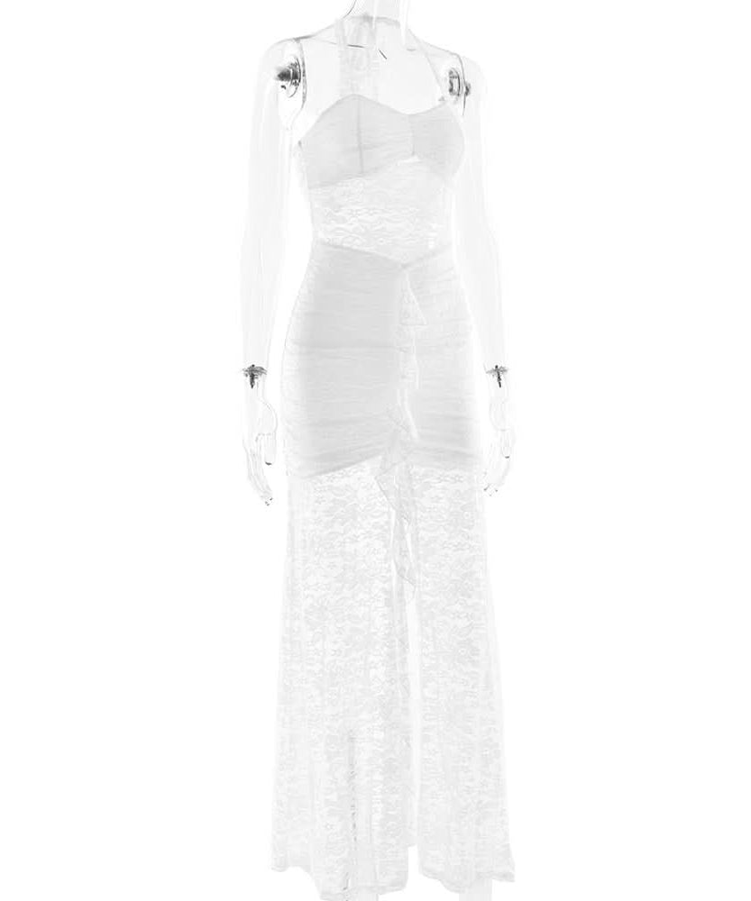 White Lace Halter Maxi Dress: Sheer Ruched Resort & Vacation Glamour