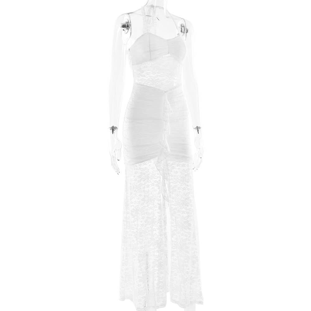 White Lace Halter Maxi Dress: Sheer Ruched Resort & Vacation Glamour