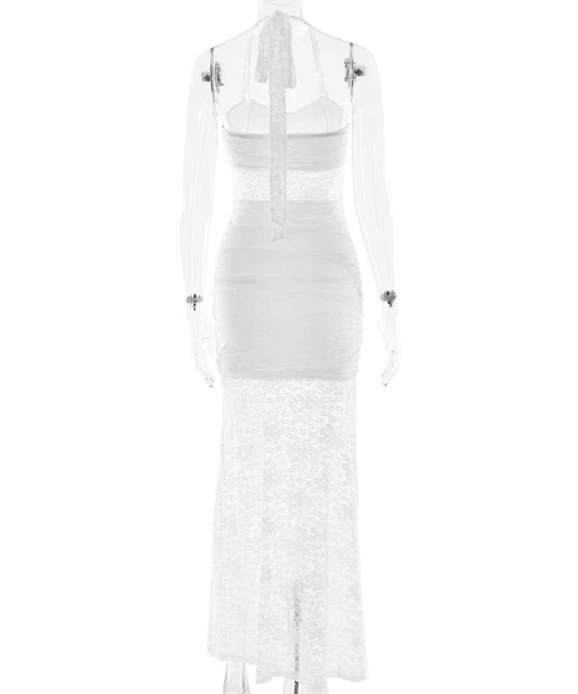 White Lace Halter Maxi Dress: Sheer Ruched Resort & Vacation Glamour