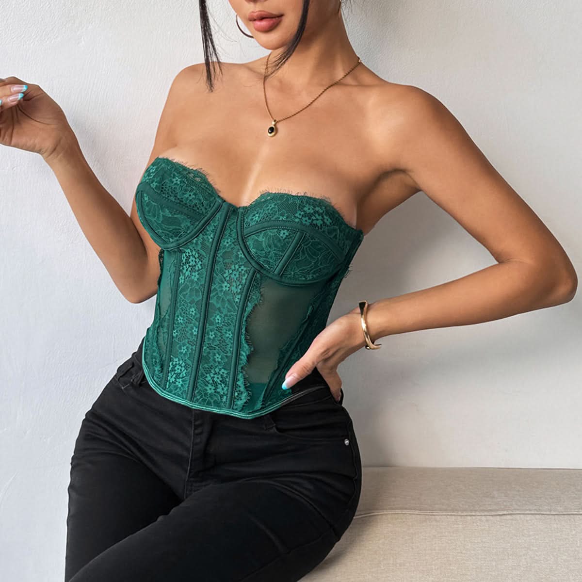 Emerald Green Lace Strapless Corset Top - Fall & Holiday Glamour