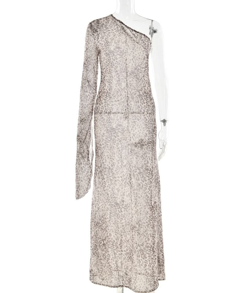 Effortless Chic: Leopard Print One-Shoulder Chiffon Maxi Dress - Perfect for Fall & Holiday Parties