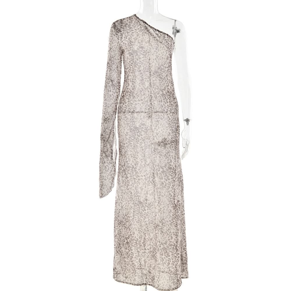 Effortless Chic: Leopard Print One-Shoulder Chiffon Maxi Dress - Perfect for Fall & Holiday Parties