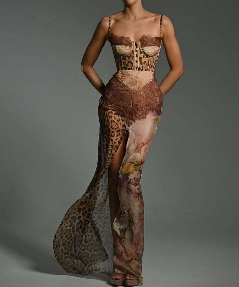 Autumn Enchantress: Leopard & Floral Lace Bustier Maxi Dress with High Slit