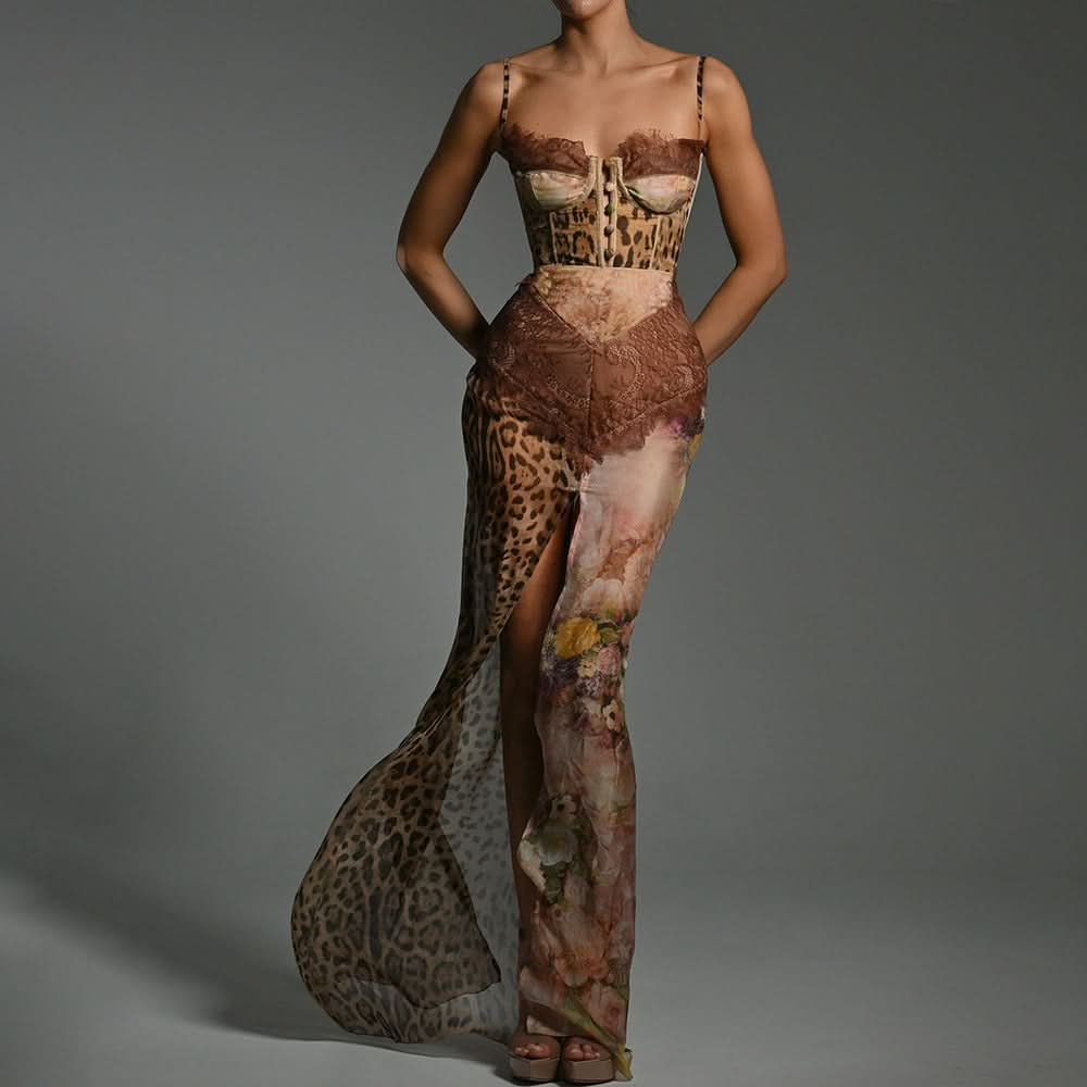 Autumn Enchantress: Leopard & Floral Lace Bustier Maxi Dress with High Slit