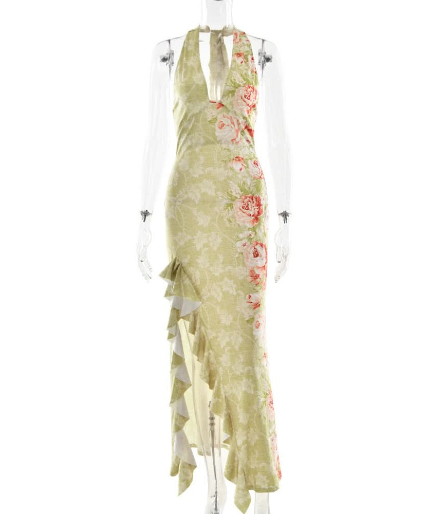 Blushing Blooms Halter Maxi Dress with Ruffle Slit - Your Elegant Escape for Resort & Fall Events