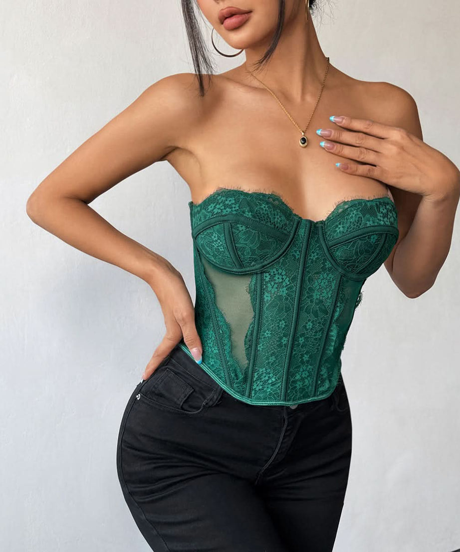 Emerald Green Lace Strapless Corset Top - Fall & Holiday Glamour