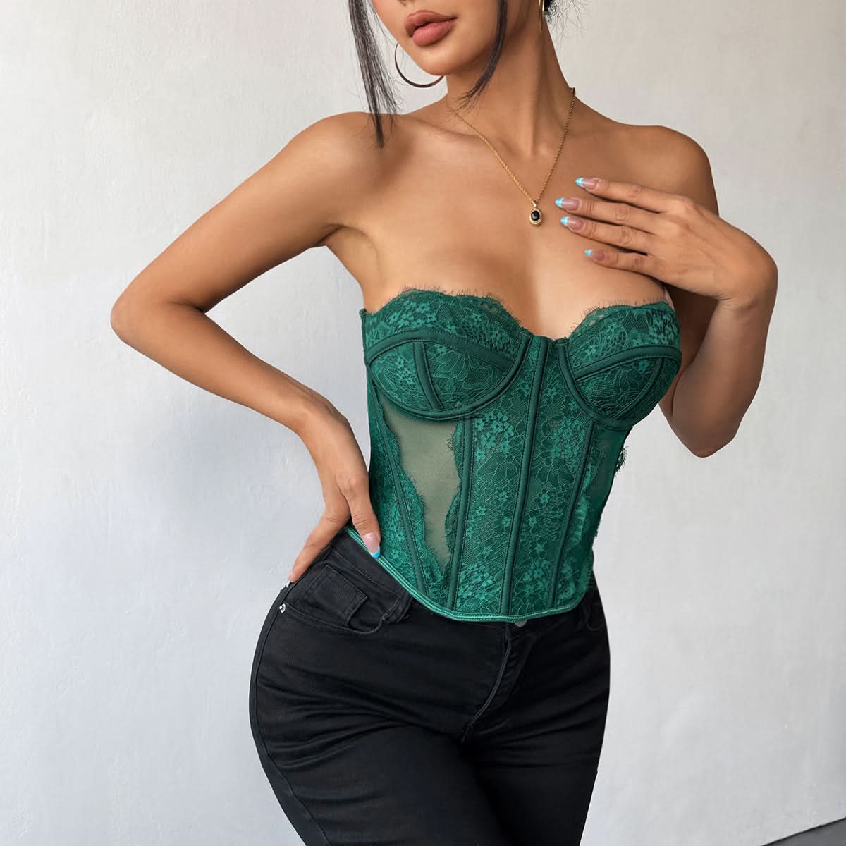 Emerald Green Lace Strapless Corset Top - Fall & Holiday Glamour