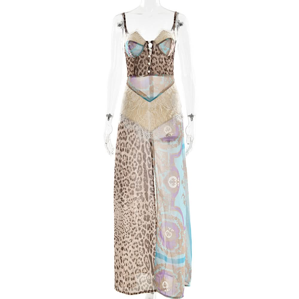 Autumn Enchantress: Leopard & Floral Lace Bustier Maxi Dress with High Slit