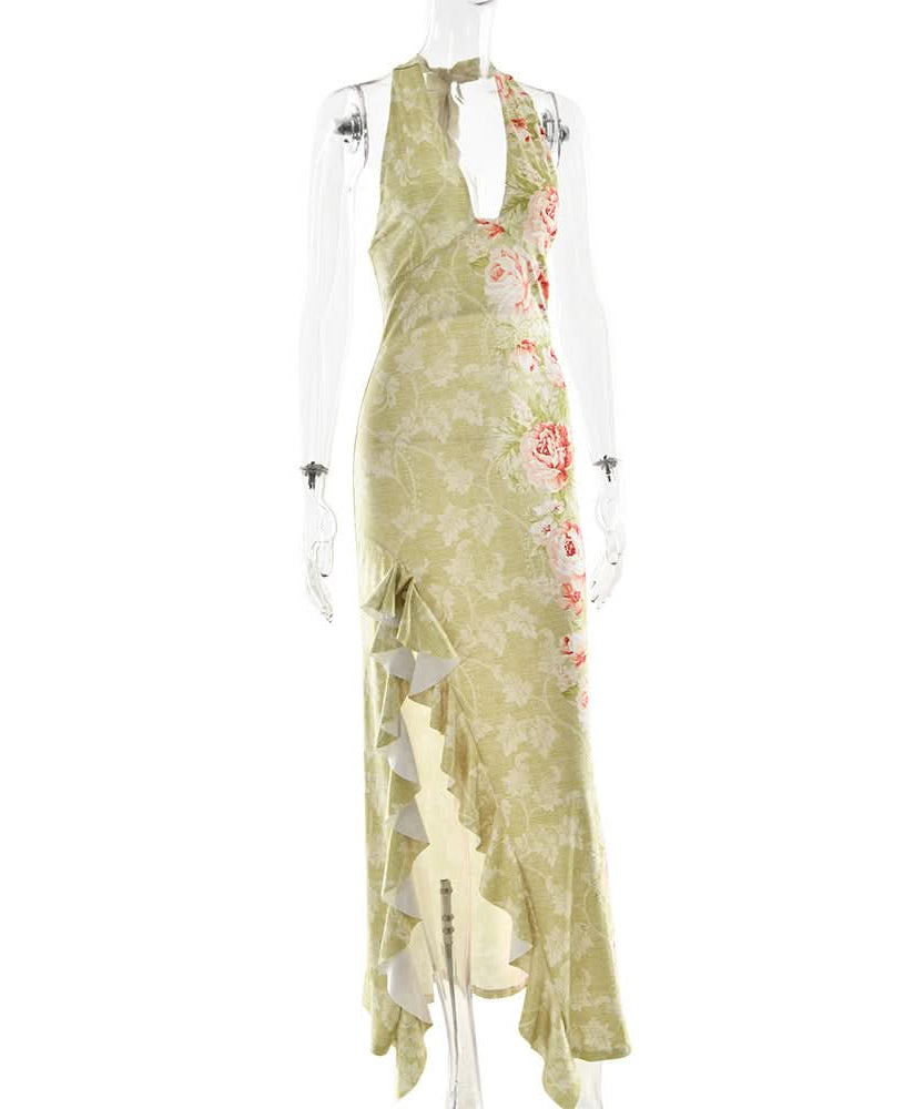 Blushing Blooms Halter Maxi Dress with Ruffle Slit - Your Elegant Escape for Resort & Fall Events