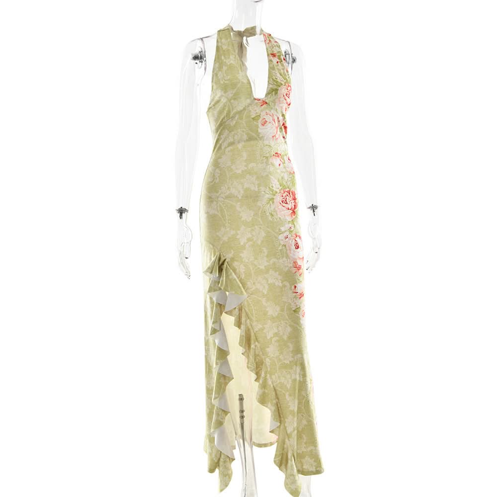 Blushing Blooms Halter Maxi Dress with Ruffle Slit - Your Elegant Escape for Resort & Fall Events