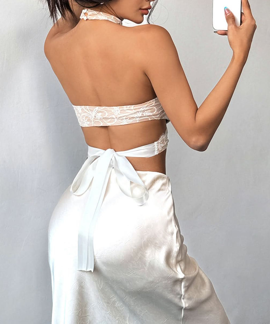 Alluring White Lace Halter Crop Top | Backless & Chic for Fall & Holiday Parties