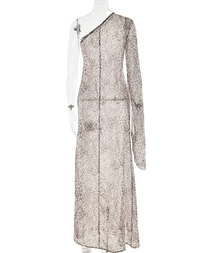 Effortless Chic: Leopard Print One-Shoulder Chiffon Maxi Dress - Perfect for Fall & Holiday Parties