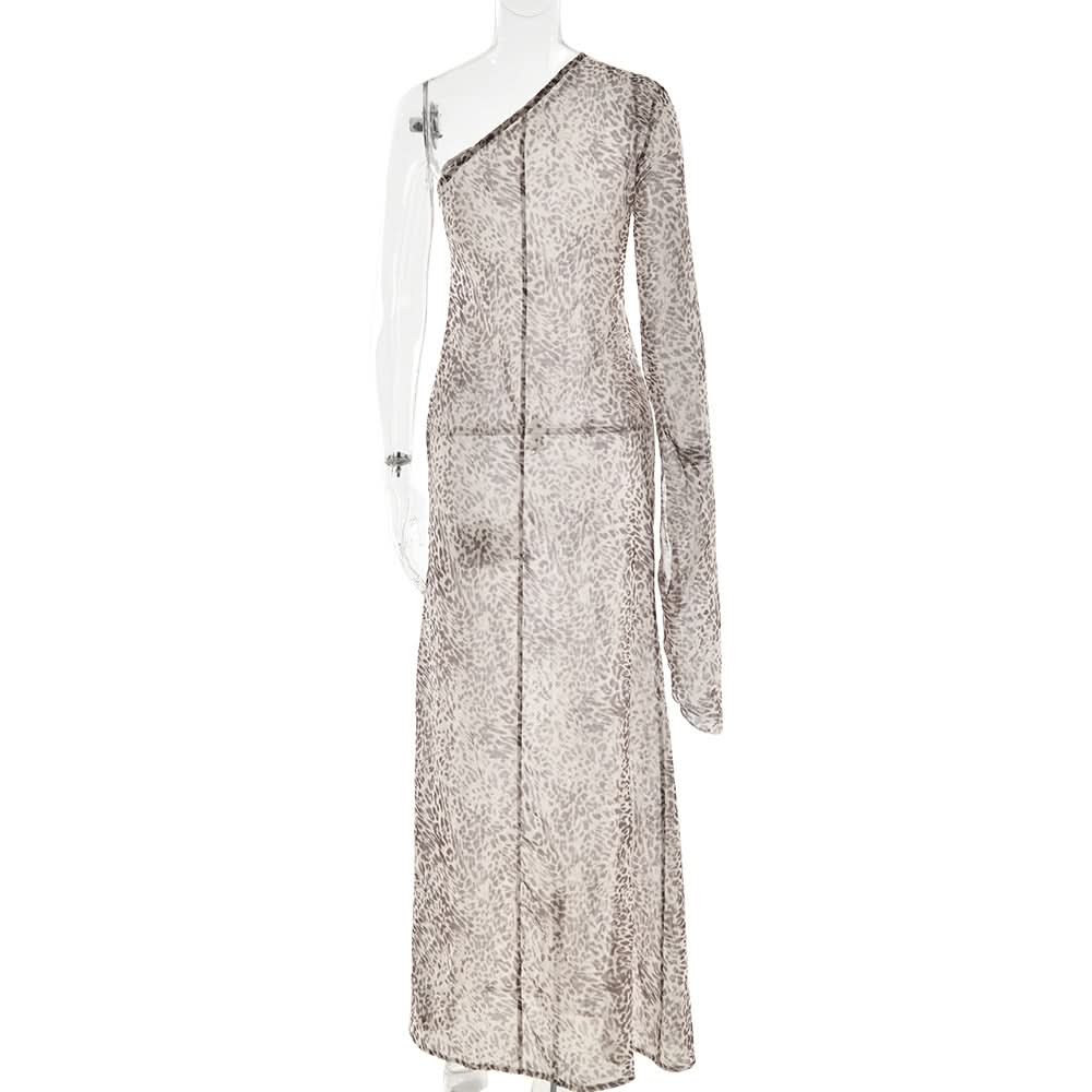 Effortless Chic: Leopard Print One-Shoulder Chiffon Maxi Dress - Perfect for Fall & Holiday Parties