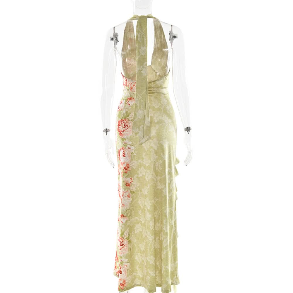 Blushing Blooms Halter Maxi Dress with Ruffle Slit - Your Elegant Escape for Resort & Fall Events