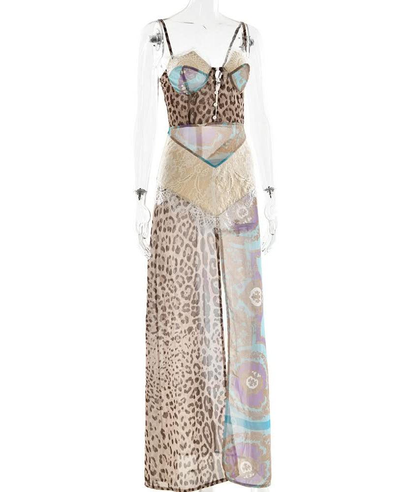 Autumn Enchantress: Leopard & Floral Lace Bustier Maxi Dress with High Slit