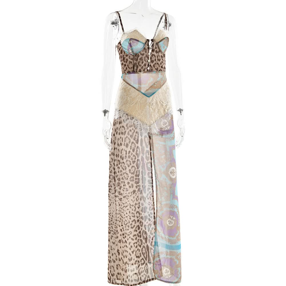 Autumn Enchantress: Leopard & Floral Lace Bustier Maxi Dress with High Slit