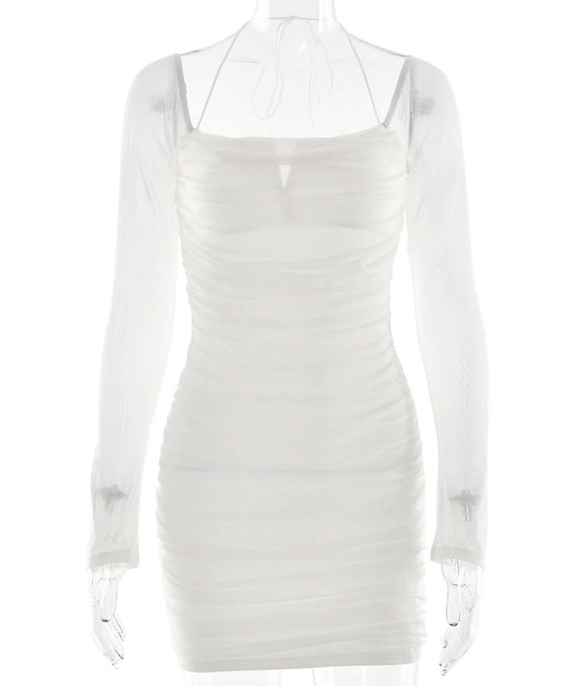 Chic White Mesh Long Sleeve Ruched Halter Mini Dress – Your Go-To for Fall Nights & Holiday Parties