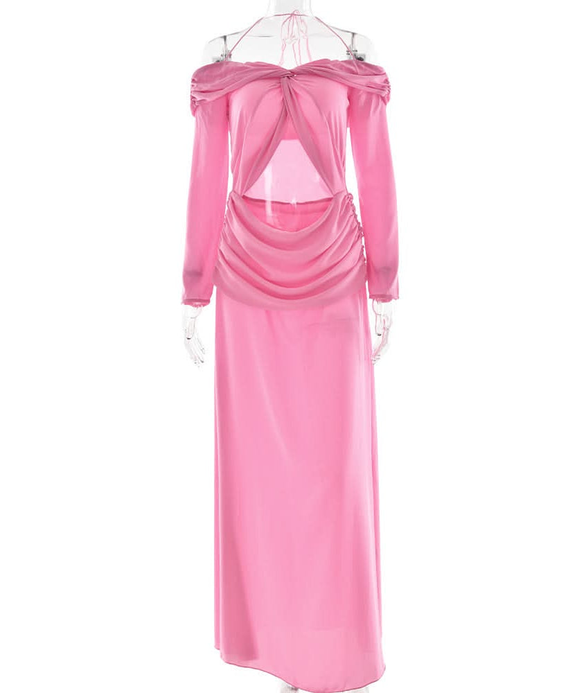 Vibrant Pink Halter Off-Shoulder Cut-Out Maxi Dress - Chic Fall Wedding Guest & Holiday Party Gown