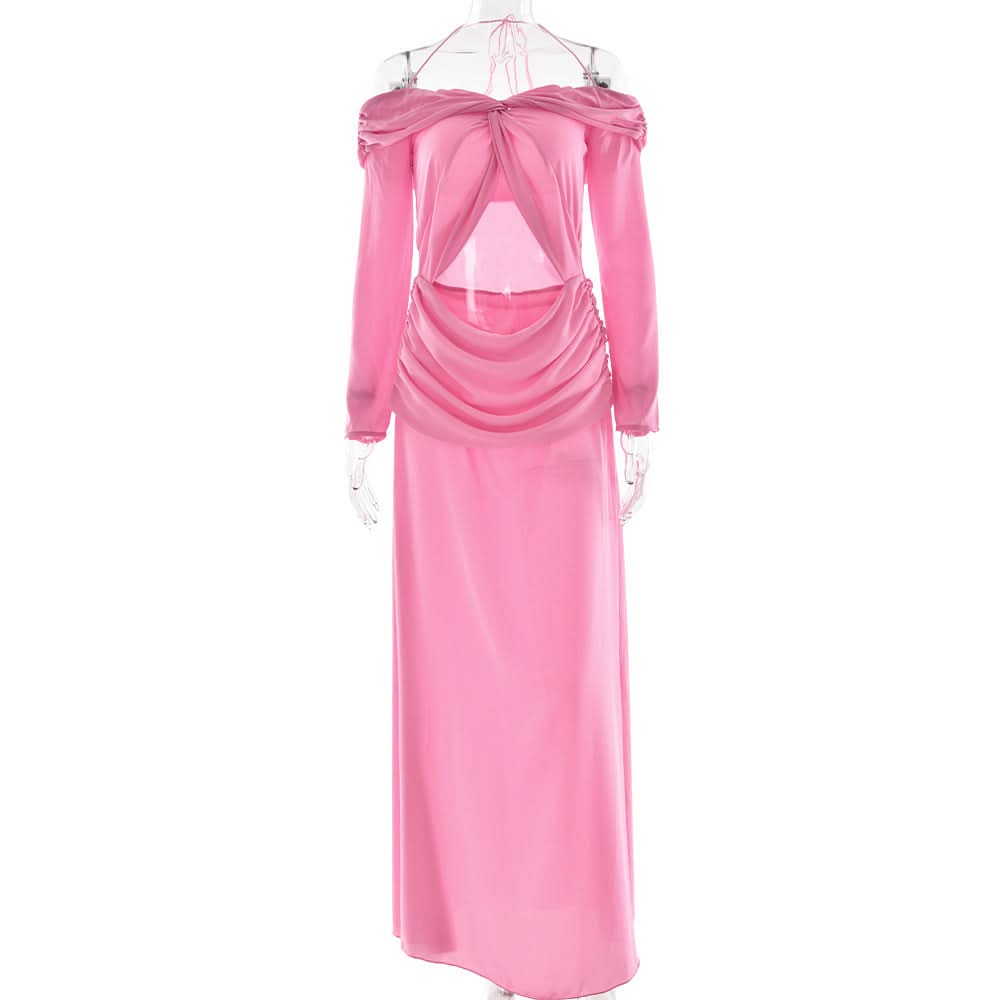 Vibrant Pink Halter Off-Shoulder Cut-Out Maxi Dress - Chic Fall Wedding Guest & Holiday Party Gown