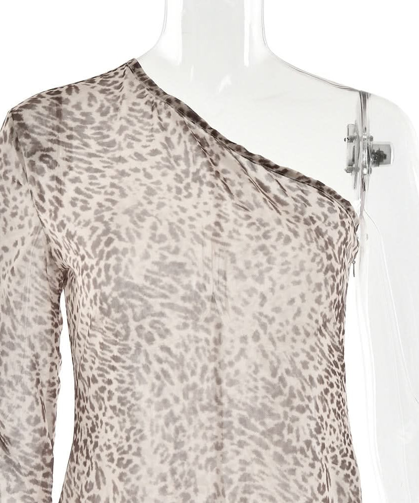 Effortless Chic: Leopard Print One-Shoulder Chiffon Maxi Dress - Perfect for Fall & Holiday Parties