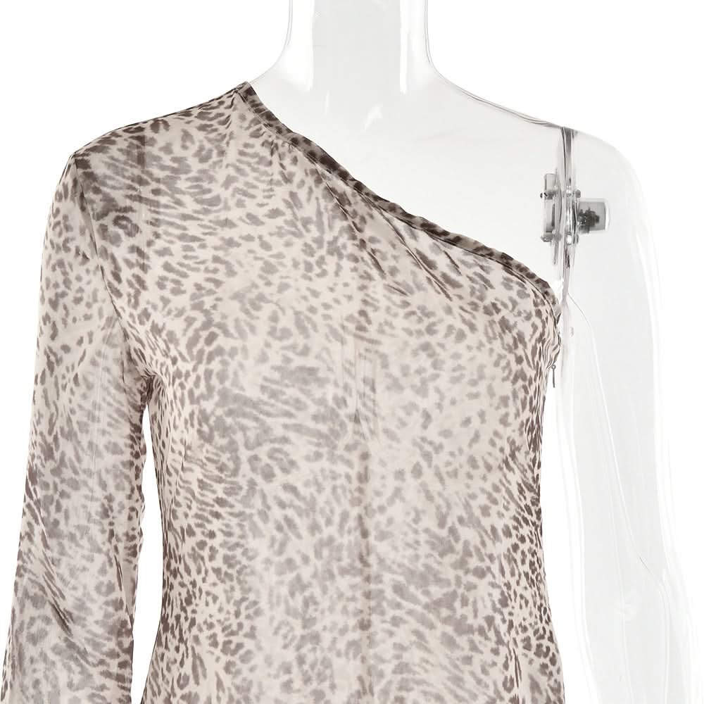 Effortless Chic: Leopard Print One-Shoulder Chiffon Maxi Dress - Perfect for Fall & Holiday Parties