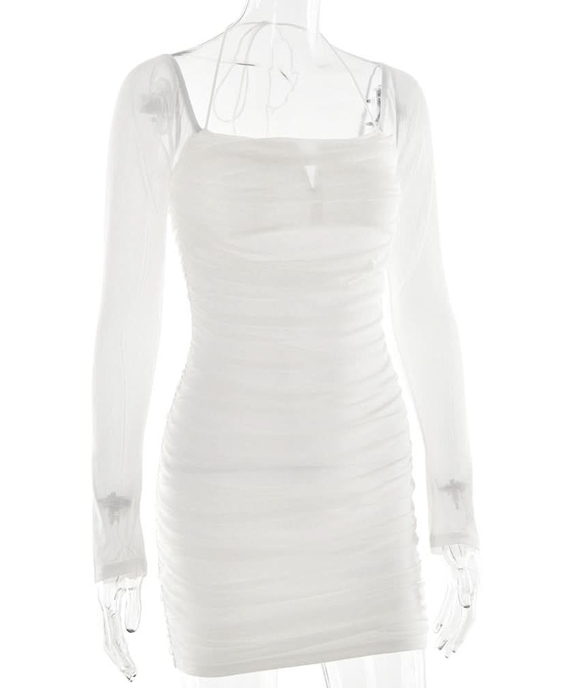 Chic White Mesh Long Sleeve Ruched Halter Mini Dress – Your Go-To for Fall Nights & Holiday Parties