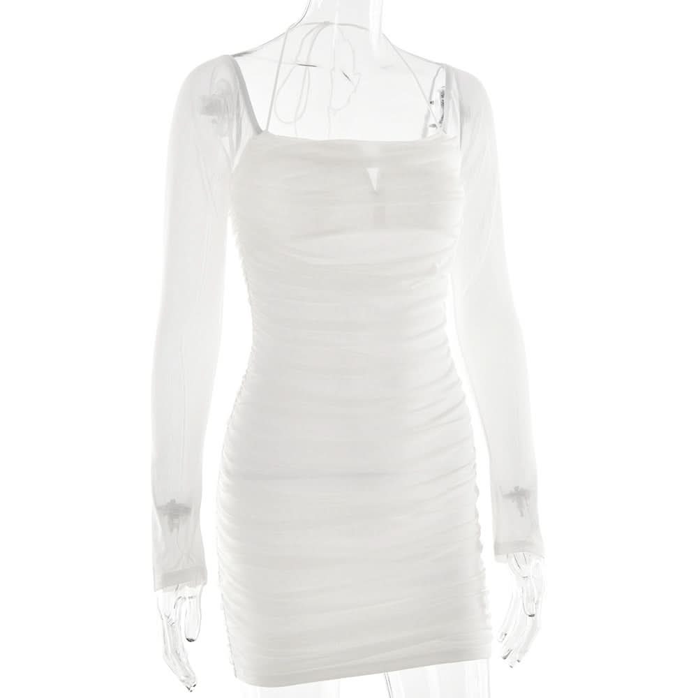 Chic White Mesh Long Sleeve Ruched Halter Mini Dress – Your Go-To for Fall Nights & Holiday Parties