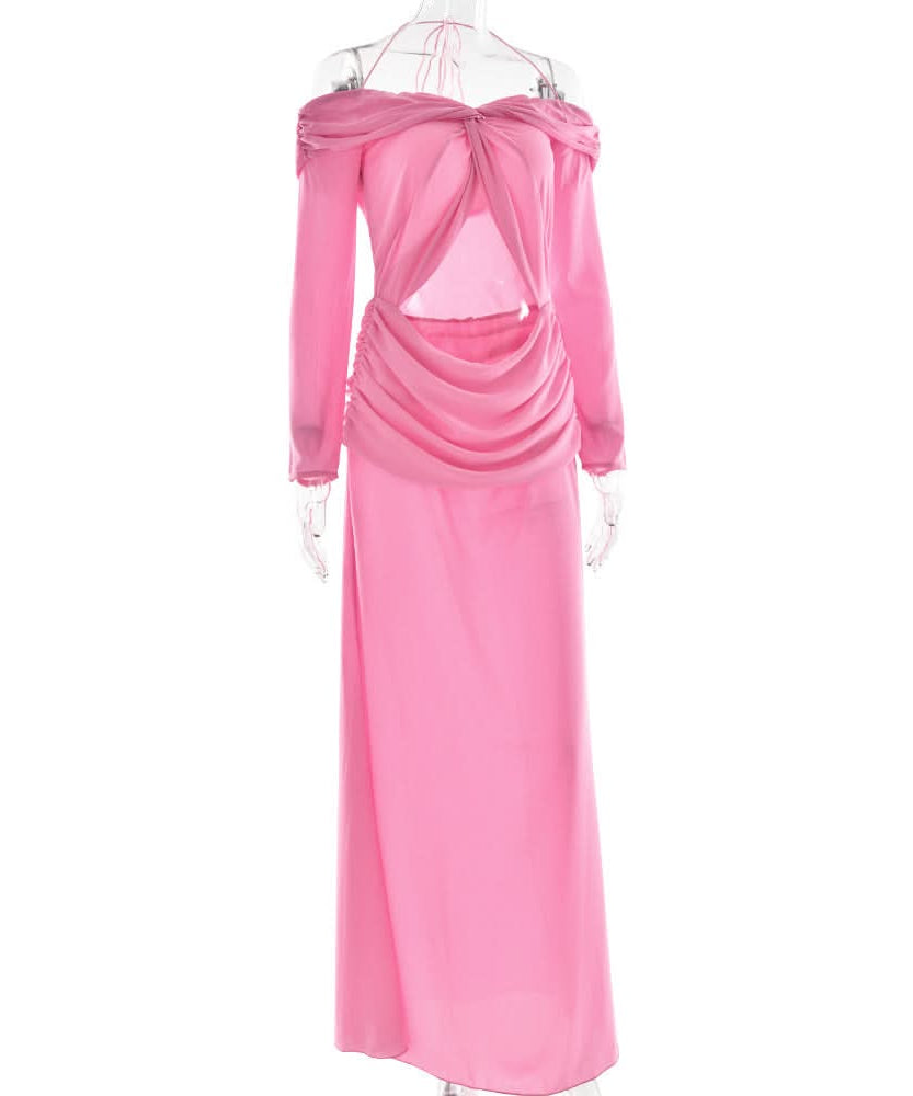 Vibrant Pink Halter Off-Shoulder Cut-Out Maxi Dress - Chic Fall Wedding Guest & Holiday Party Gown