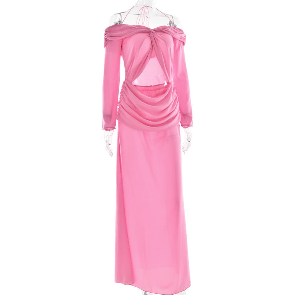 Vibrant Pink Halter Off-Shoulder Cut-Out Maxi Dress - Chic Fall Wedding Guest & Holiday Party Gown