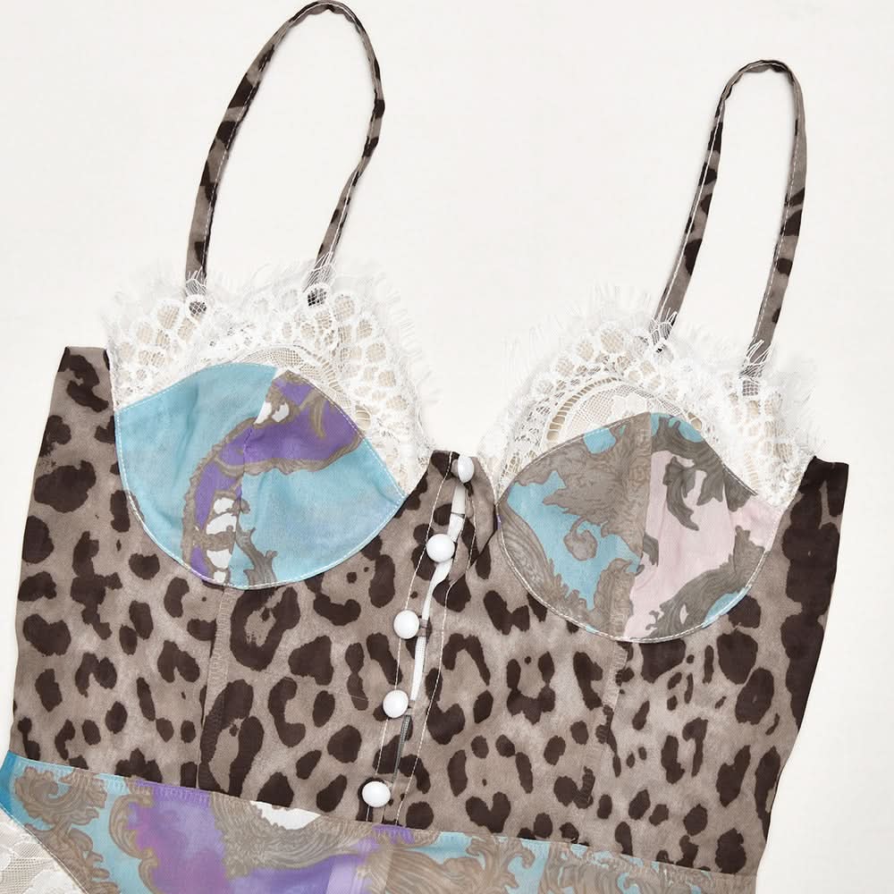 Autumn Enchantress: Leopard & Floral Lace Bustier Maxi Dress with High Slit