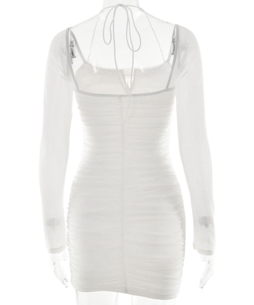 Chic White Mesh Long Sleeve Ruched Halter Mini Dress – Your Go-To for Fall Nights & Holiday Parties